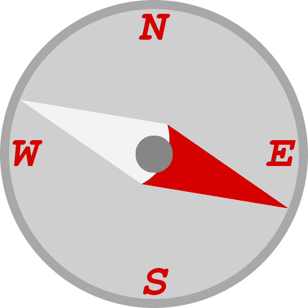 Compass with needle pointing east-south-east